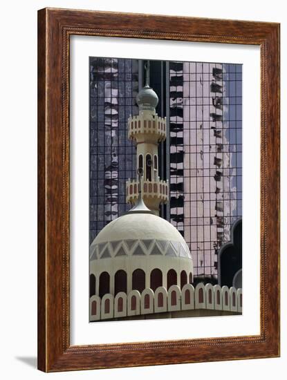 Minaret with Skyscraper in Background, Abu Dhabi, United Arab Emirates-null-Framed Giclee Print