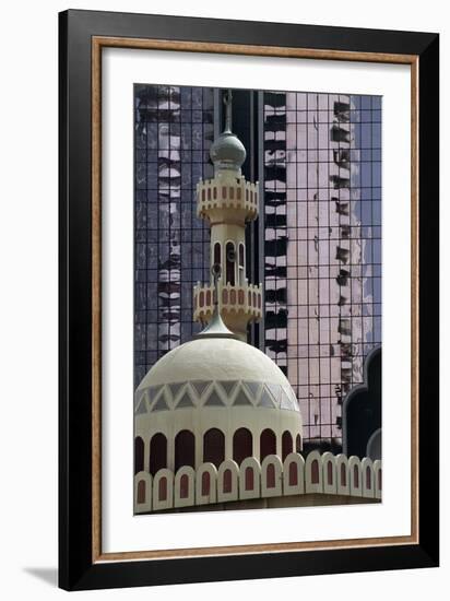 Minaret with Skyscraper in Background, Abu Dhabi, United Arab Emirates-null-Framed Giclee Print