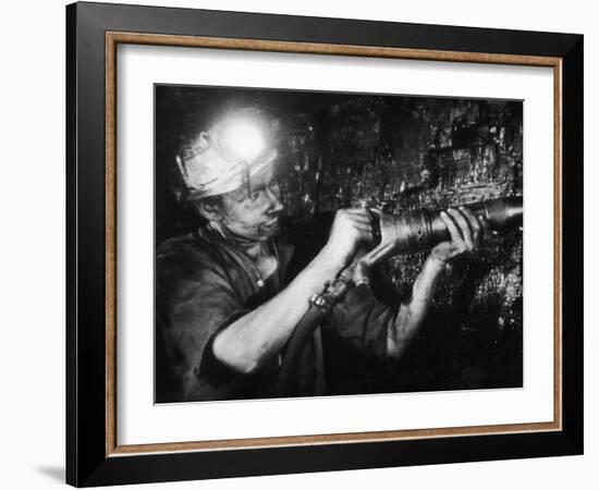 Miner Using an Hydraulic Drill at the Coal-Face, at Cape Bank Hall Pit, Burnley, in Lancashire-Henry Grant-Framed Photographic Print