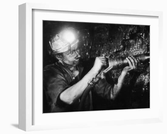 Miner Using an Hydraulic Drill at the Coal-Face, at Cape Bank Hall Pit, Burnley, in Lancashire-Henry Grant-Framed Photographic Print