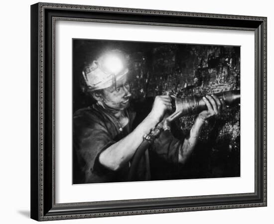 Miner Using an Hydraulic Drill at the Coal-Face, at Cape Bank Hall Pit, Burnley, in Lancashire-Henry Grant-Framed Photographic Print