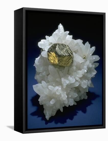 MineralCalendar: Pyrite on Quartz Crystals. Huanzala, Peru-null-Framed Premier Image Canvas