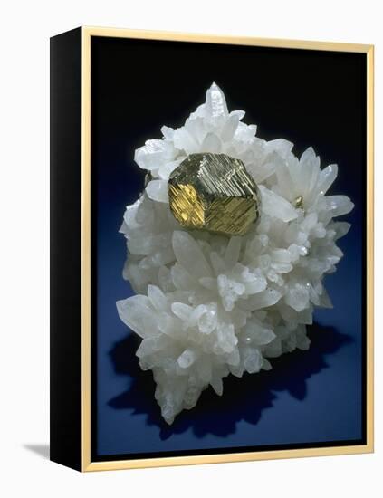 MineralCalendar: Pyrite on Quartz Crystals. Huanzala, Peru-null-Framed Premier Image Canvas