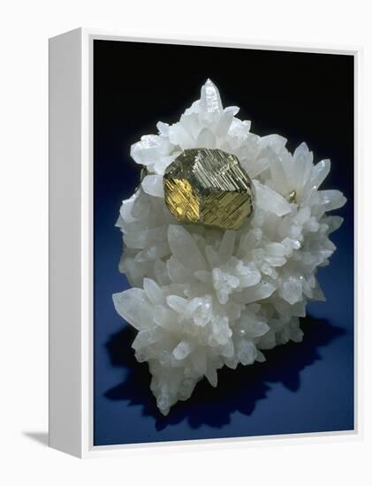 MineralCalendar: Pyrite on Quartz Crystals. Huanzala, Peru-null-Framed Premier Image Canvas