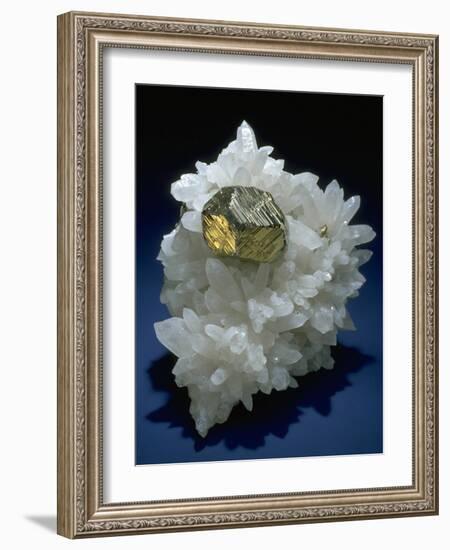 MineralCalendar: Pyrite on Quartz Crystals. Huanzala, Peru-null-Framed Photographic Print