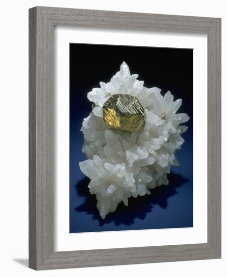 MineralCalendar: Pyrite on Quartz Crystals. Huanzala, Peru-null-Framed Photographic Print