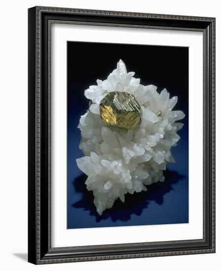 MineralCalendar: Pyrite on Quartz Crystals. Huanzala, Peru-null-Framed Photographic Print