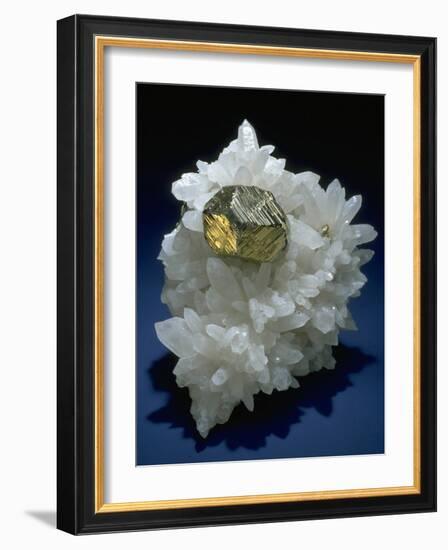 MineralCalendar: Pyrite on Quartz Crystals. Huanzala, Peru-null-Framed Photographic Print