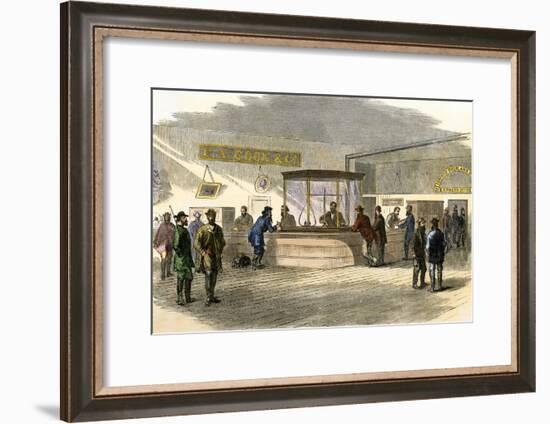 Miners Bringing their Gold Dust to Cook's Bank, Denver, Colorado, 1860s-null-Framed Giclee Print