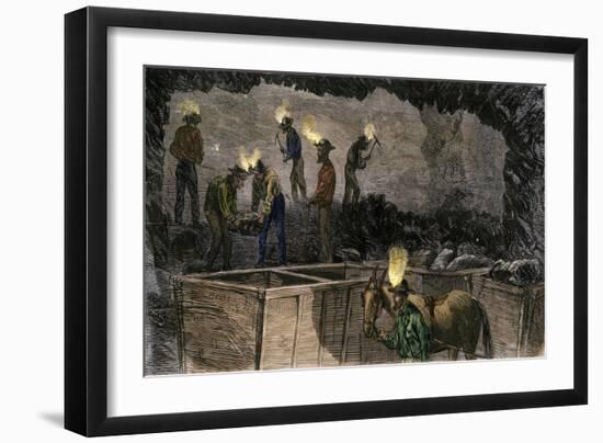 Miners Digging and Loading Coal Into an Underground Mule-Drawn Cart in Pennsylvania, c.1860--Framed Giclee Print