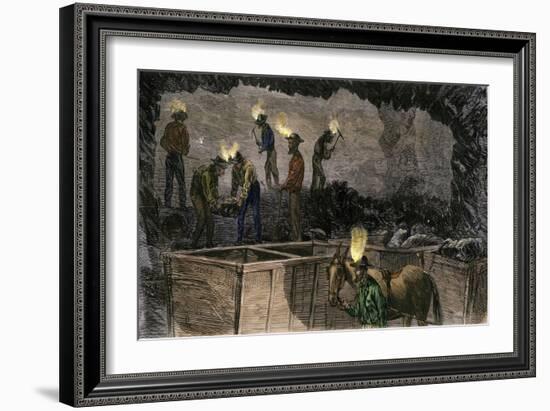 Miners Digging and Loading Coal Into an Underground Mule-Drawn Cart in Pennsylvania, c.1860-null-Framed Giclee Print