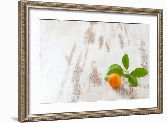 Mini-Orange with Foliage on White Wooden Table-Jana Ihle-Framed Photographic Print