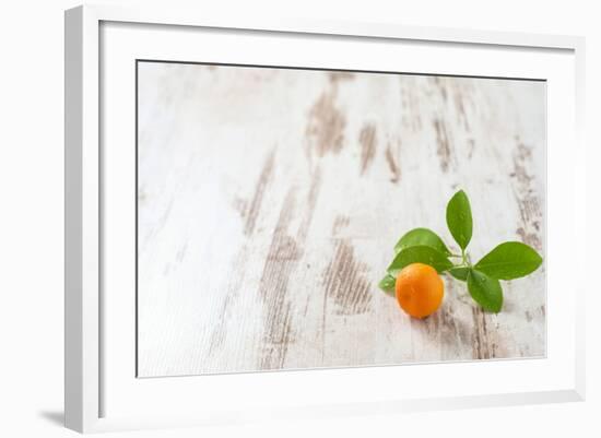 Mini-Orange with Foliage on White Wooden Table-Jana Ihle-Framed Photographic Print