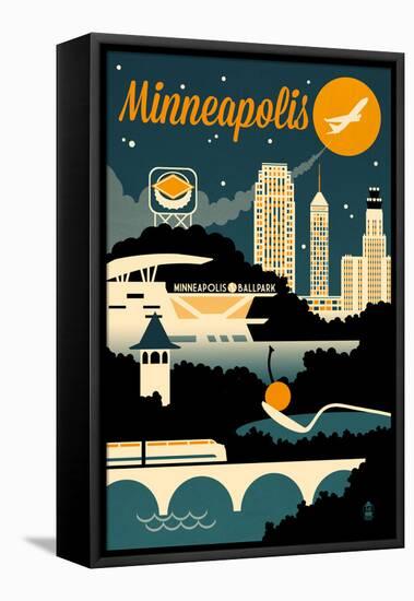 Minneapolis, Minnesota - Retro Skyline-Lantern Press-Framed Stretched Canvas