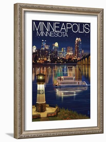 Minneapolis, Minnesota - Skyline at Night-Lantern Press-Framed Art Print