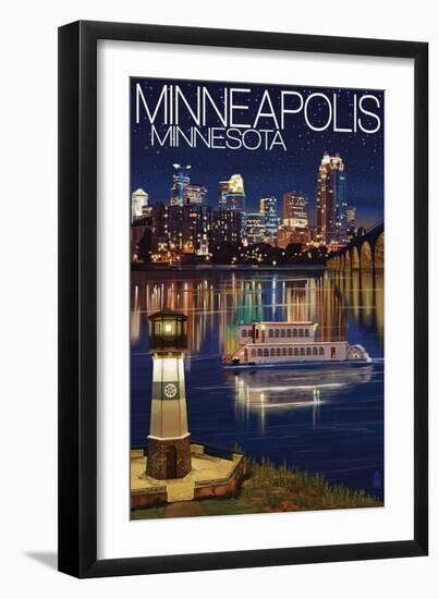 Minneapolis, Minnesota - Skyline at Night-Lantern Press-Framed Art Print