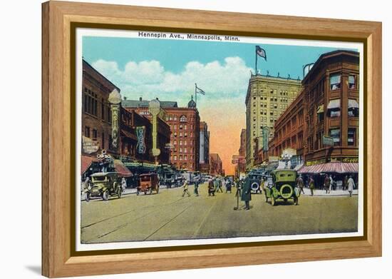 Minneapolis, Minnesota - View Down Hennepin Avenue-Lantern Press-Framed Stretched Canvas