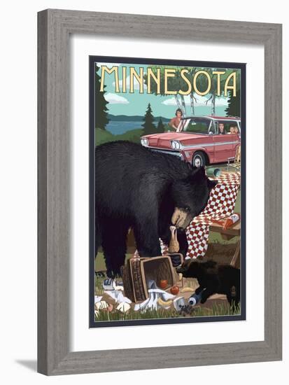 Minnesota - Bear and Picnic Scene-Lantern Press-Framed Art Print