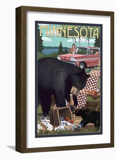 Minnesota - Bear and Picnic Scene-Lantern Press-Framed Art Print