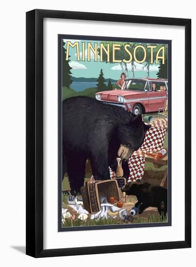 Minnesota - Bear and Picnic Scene-Lantern Press-Framed Art Print