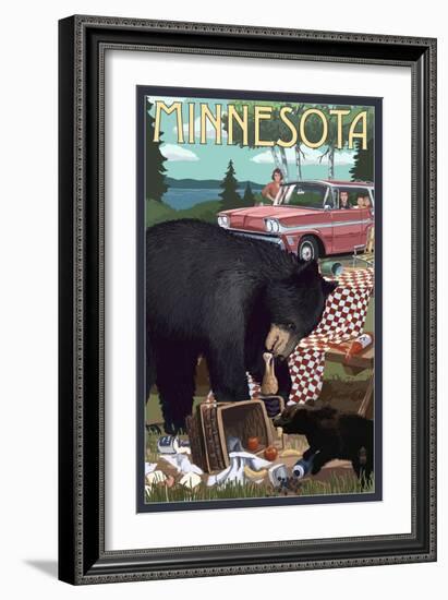 Minnesota - Bear and Picnic Scene-Lantern Press-Framed Art Print