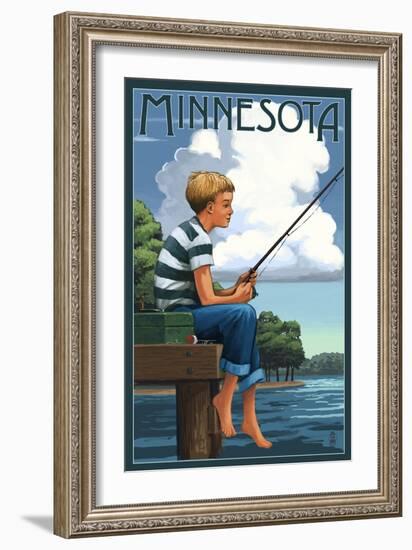 Minnesota - Boy Fishing-Lantern Press-Framed Art Print