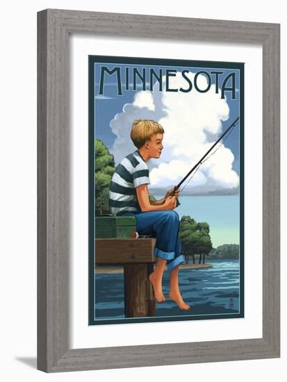 Minnesota - Boy Fishing-Lantern Press-Framed Art Print