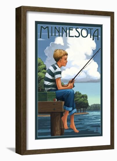 Minnesota - Boy Fishing-Lantern Press-Framed Art Print