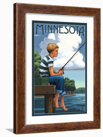 Minnesota - Boy Fishing-Lantern Press-Framed Art Print