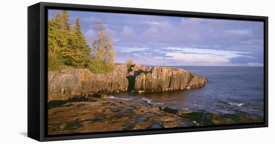 Minnesota, Lichen Covered Rocks and Stormy Sky over Lake Superior at Artist Point-John Barger-Framed Premier Image Canvas