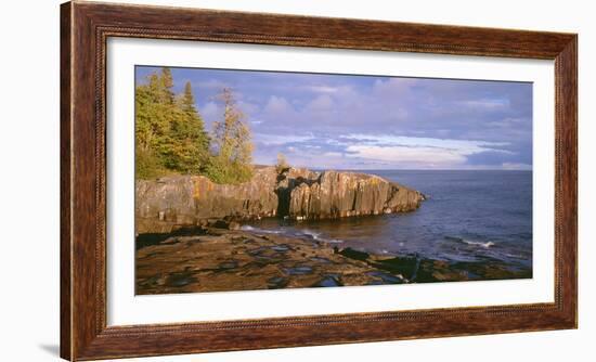 Minnesota, Lichen Covered Rocks and Stormy Sky over Lake Superior at Artist Point-John Barger-Framed Photographic Print