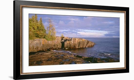 Minnesota, Lichen Covered Rocks and Stormy Sky over Lake Superior at Artist Point-John Barger-Framed Photographic Print