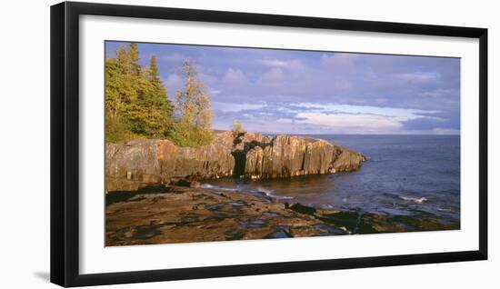 Minnesota, Lichen Covered Rocks and Stormy Sky over Lake Superior at Artist Point-John Barger-Framed Photographic Print