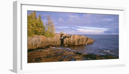 Minnesota, Lichen Covered Rocks and Stormy Sky over Lake Superior at Artist Point-John Barger-Framed Photographic Print