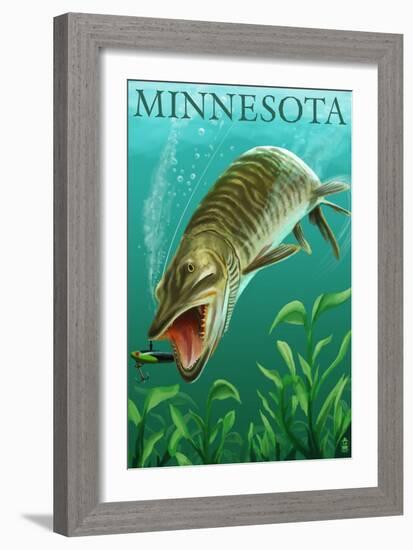 Minnesota - Muskie Scene-Lantern Press-Framed Art Print