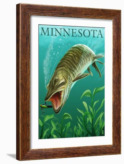 Minnesota - Muskie Scene-Lantern Press-Framed Art Print