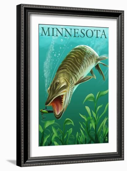 Minnesota - Muskie Scene-Lantern Press-Framed Art Print
