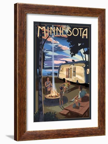 Minnesota - Retro Camper and Lake-Lantern Press-Framed Art Print