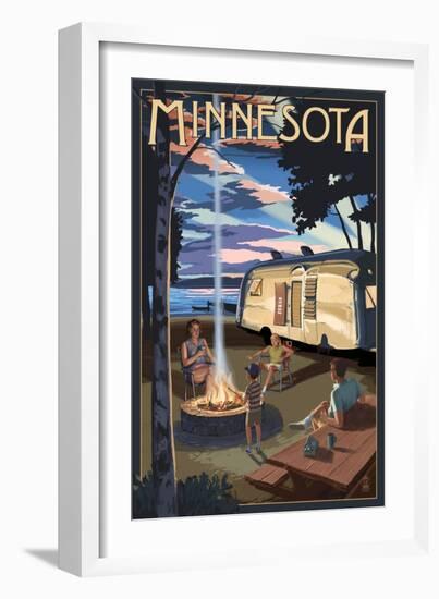 Minnesota - Retro Camper and Lake-Lantern Press-Framed Art Print