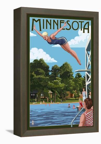 Minnesota - Woman Diving and Lake-Lantern Press-Framed Stretched Canvas
