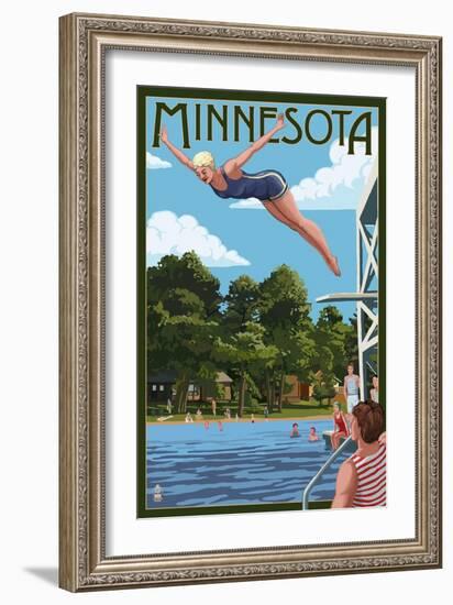 Minnesota - Woman Diving and Lake-Lantern Press-Framed Art Print