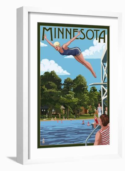 Minnesota - Woman Diving and Lake-Lantern Press-Framed Art Print