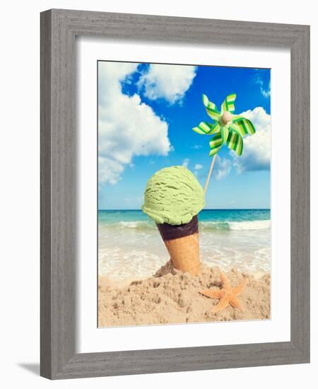 Mint Icecream in Chocolate Wafer Cone on the Beach - Vintage Tone Effect Added-Chris_Elwell-Framed Photographic Print