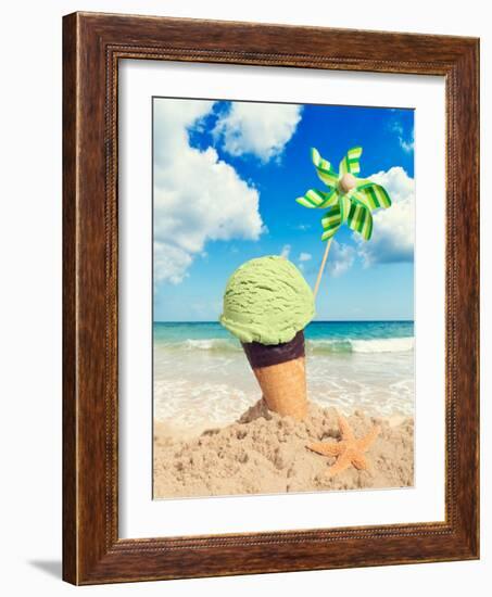 Mint Icecream in Chocolate Wafer Cone on the Beach - Vintage Tone Effect Added-Chris_Elwell-Framed Photographic Print