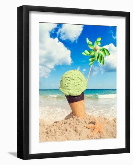 Mint Icecream in Chocolate Wafer Cone on the Beach - Vintage Tone Effect Added-Chris_Elwell-Framed Photographic Print