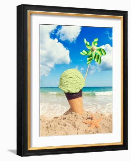 Mint Icecream in Chocolate Wafer Cone on the Beach - Vintage Tone Effect Added-Chris_Elwell-Framed Photographic Print