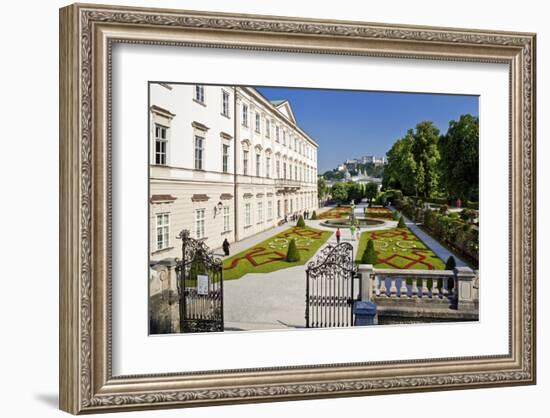 Mirabell Palace and Mirabell Gardens against Salzburg Cathedral and Fortress Hohensalzburg-null-Framed Art Print