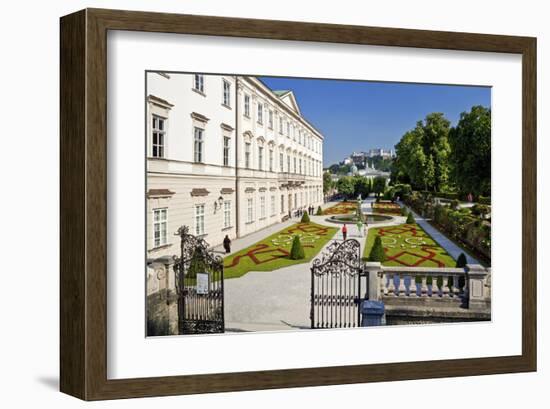 Mirabell Palace and Mirabell Gardens against Salzburg Cathedral and Fortress Hohensalzburg-null-Framed Art Print