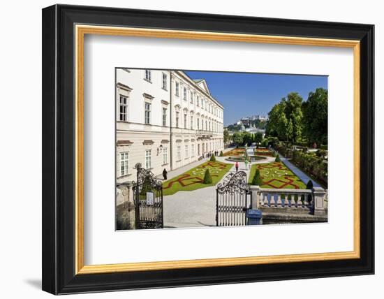 Mirabell Palace and Mirabell Gardens against Salzburg Cathedral and Fortress Hohensalzburg-null-Framed Art Print