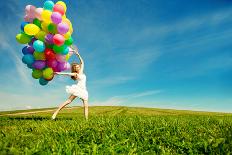 Happy Birthday Woman Against the Sky with Rainbow-Colored Air Balloons in Hands-Miramiska-Photographic Print